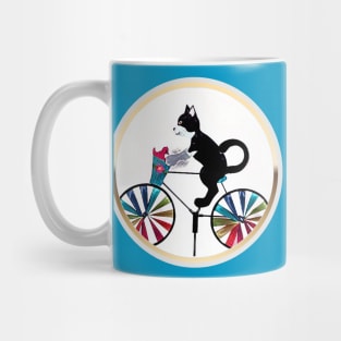 Black Cat on bike (gold frame circle) Mug